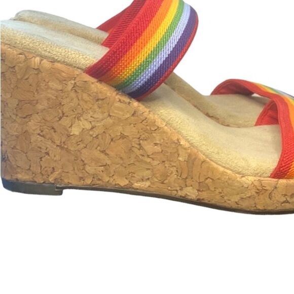 Apostrophe cork Wedge Sandals with Rainbow Elastic Straps Size 6M - Picture 3 of 10